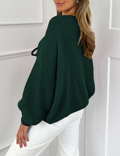 PRETTYGARDEN Women's Tie Front Bow Cardigan Sweaters Chunky Knit Long Puff Sleeve Trendy Fall Winter Jacket Coats (Dark Green,Medium) - Image 2