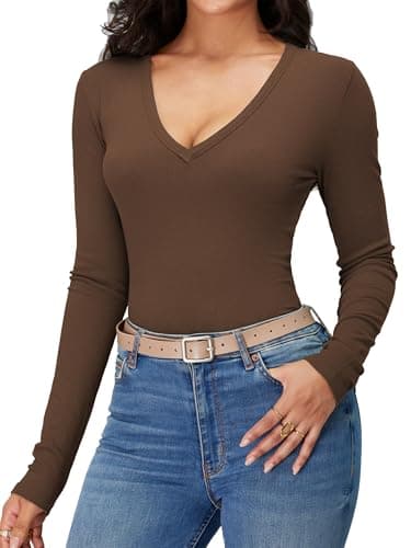 iGENJUN Women Long Sleeve V Neck Shirts for Women Business Casual Work Top Knit Slim Fit for Fall,XL, Brown - Image 6