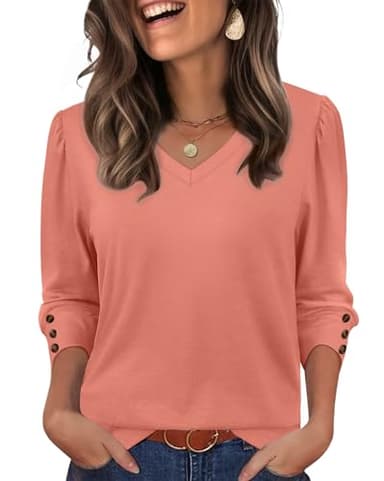 XIEERDUO Womens Blouses 3/4 Length Sleeve Summer Tops V Neck Shirts Casual Business Work Blouses Shirts Fall Fashion Outfits Clothes 2025 A-Coral M - Image 3