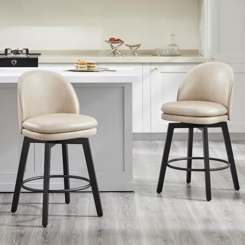 KISLOT Counter Height Barstools 26 inch Upholstered Swivel Bar Stools with Back and Wood Legs for Kitchen Island,Set of 2,Beige PU Leather-Armless - Image 1
