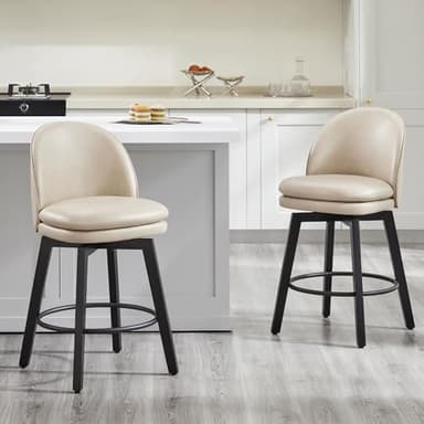 KISLOT Counter Height Barstools 26 inch Upholstered Swivel Bar Stools with Back and Wood Legs for Kitchen Island,Set of 2,Beige PU Leather-Armless - Image 1