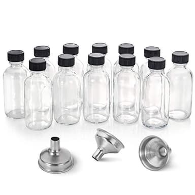12 Pack, 2 oz Small Clear Glass Bottles w/Lid & 3 Funnels - 60ml Boston Shot Bottles for Health, Immunity, Potion, Wellness, Sample, Ginger, Juice - Mini Personal Care & Beauty Travel Bottle - Image 1