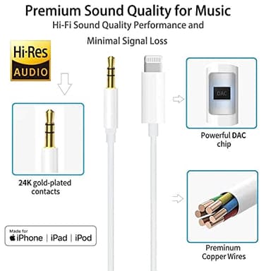 Aux Cord for iPhone,[Apple MFi Certified] Lightning to 3.5 mm AUX Cable for Car Stereo, Speaker, Headphone, Auxiliary Audio Cable Compatible with iPhone 14 13 12 11 XS XR X 8 7 3.3FT White - Image 3