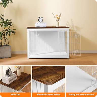 DWANTON Dog Crate Furniture with Cushion, Wooden Kennel Table with Double Doors, Indoor Dog House, Large Size, 38.5" L, White+Rustic Brown - Image 6
