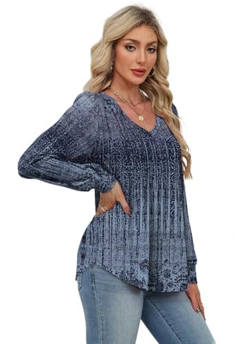Alaroo Womens Long Sleeve Shirts 2025 Fall Winter Boho Tops Fashion Clothing Tunic Blouses Dressy Casual Pleated V Neck Print 13 XL - Image 4
