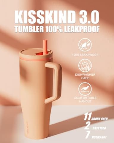 KISSKIND 40 oz Tumbler with Handle and Straw | Lumi Spin Hidden Straw 100% Leakproof Insulated Tumbler | Stainless Steel Water Bottle for Mom, Nurse, Teacher | Orange - Image 3