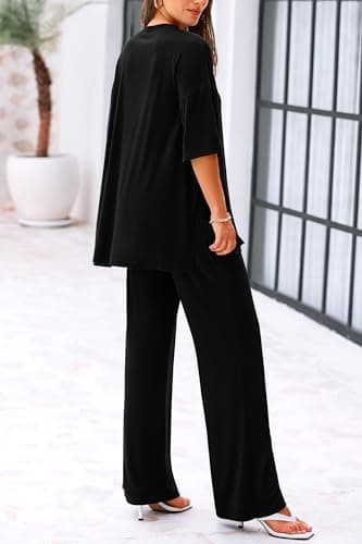KIRUNDO 2 Piece Lounge Set Women 2025 Spring Summer Short Sleeve Loose Tops and Wide Leg Long Pants Sets Jogger Comfy Tracksuit Trendy Casual Clothing(Black, Medium) - Image 2
