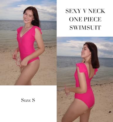 AI'MAGE One Piece Swimsuits for Women Sexy Mesh Deep V Neck Bathing Suit Ruffle Cap Sleeve Tummy Control Swimwear Hot Pink M - Image 2