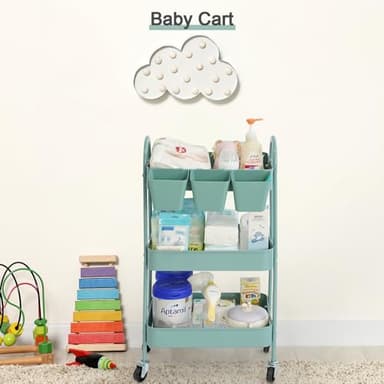 danpinera 3-Tier Rolling Cart, Metal Rolling Storage Cart with Lockable Wheels & Hanging Cups & Hooks, Mobile Trolley for Kitchen, Bathroom, Office, Workshop, Green - Image 9