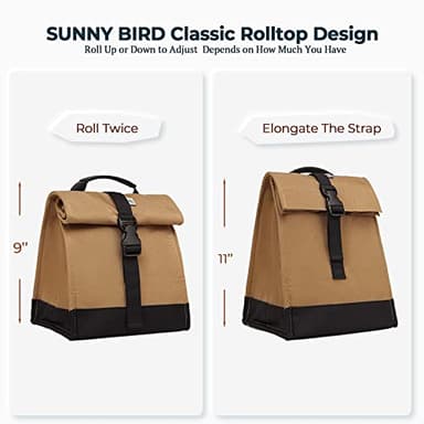 SUNNY BIRD Insulated Lunch Bag Rolltop Lunch Box Tote Bag for Women, Men, Adults and Teens (Brown) - Image 4
