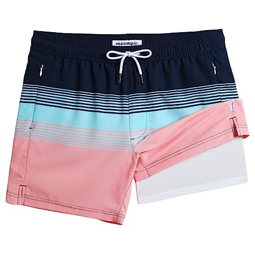 maamgic Mens Swim Trunks with Compression Liner 5" Stretch Beach Shorts Quick Dry with Zipper Pockets No-Chafing Board Shorts Blue Green-Orange Stripes L - Image 1
