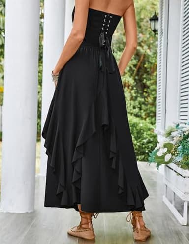Women Summer Casual Long Skirt A Line Swing Ruffled Skirt with Pockets Black XL - Image 8