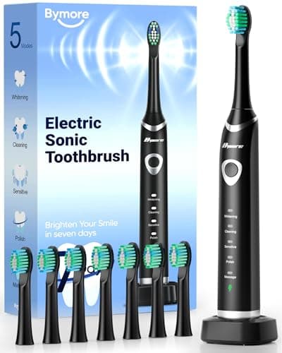 Bymore Electric Toothbrush for Adults,Travel Sonic Toothbrush with 8 Replacement Heads, Ultra Clean Rechargeable Toothbrush Portable One Charge for 330days 5 Modes 2mins Timer-Black - Image 1