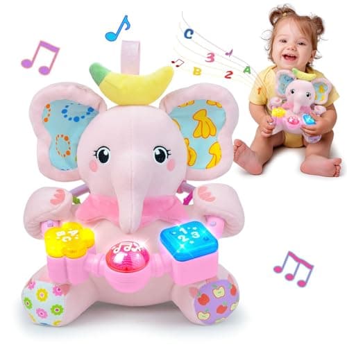 Holaxander Baby Elephant Musical Stuffed Animals Toy with Light-Up Music & Crinkle Sound Paper,Infant Bilingual Early Learning Education Toys,Tummy Time Toys for 0-3-6-12+ Months Boy Girl, Pink - Image 1