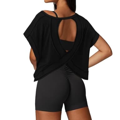 UNIANKIYA Open Back Workout Tops for Women Loose Fit Athletic Crop Tee Short Sleeve Gym Running Yoga Shirt Black - Image 1