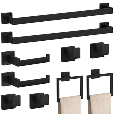 10-Pieces Matte Black Bathroom Accessories Set, 23.6 Inch Bath Towel Bar Set, SUS 304 Stainless Steel Bathroom Hardware Set, Towel Racks for Bathroom Wall Mounted. - Image 1