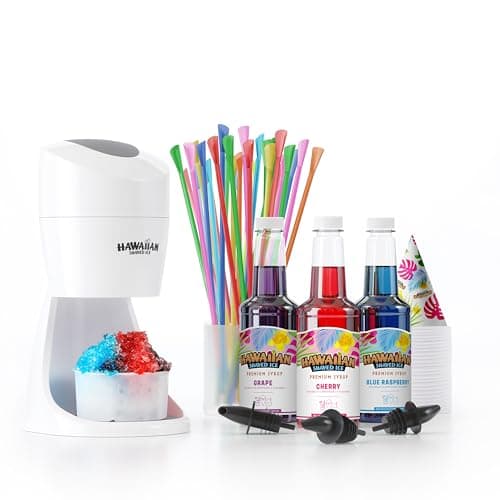 Hawaiian Shaved Ice Machine Kit - 3 Flavors, 25 Cups, Straws, Pourers, Ice Molds - Image 1