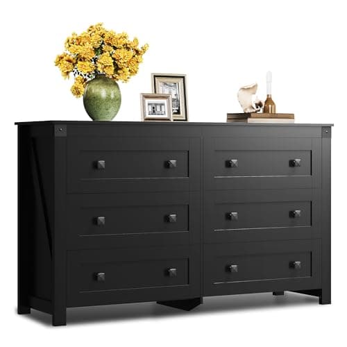 WLIVE Farmhouse Black Dresser for Bedroom, 53.07'' Wide 6 Drawer Wood Dresser, Chest of Drawers with Double Rustic Handle, TV Stand for 60 inch TV, Modern Clothes Organizer for Living Room, Hallway - Image 1
