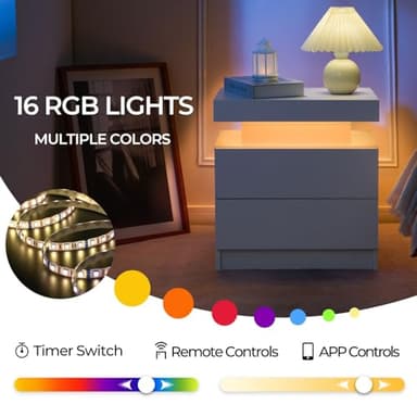 i-aplus Nightstand Set of 2 LED Nightstand with 2 Drawers,Night Stand Set 2 with LED Light,Bedside Table with Drawers for Bedroom,White - Image 8