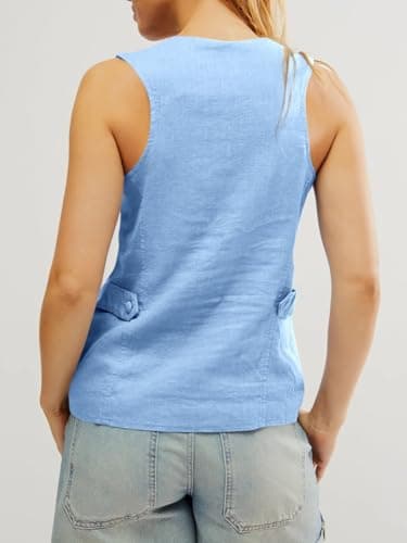 Tankaneo Womens Scoop Neck Blazer Vest Summer Linen Sleeveless Fitted Waistcoat Work Casual Cotton Suit Tops - Image 7