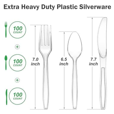 Dealusy 300 Count Extra Heavy Duty Clear Plastic Silverware, 100 Forks, 100 Spoons, 100 Knives, BPA-Free, Heat Resistant, Disposable Plastic Utensils Set, Plastic Cutlery Set, Plasticware Bulk - Image 2