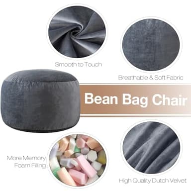 WhatsBedding Large Bean Bag Chair: 3 ft Memory Foam for Adults/Kids, with Fillings. Soft Faux Fur Fabric - Dutch Velvet, Charcoal, 3 Foot Bean Bag - Image 3