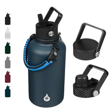 BJPKPK Half Gallon Insulated Water Bottles with Straw Lid, 64oz Large Water Jug, Stainless Steel Bottles with 3 Lids and Paracord Handle, Thermo for Hot & Cold Liquid, Navy Blue - Image 1