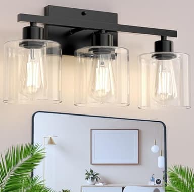 Phaosio Bathroom Vanity Light Fixtures 3-Black Wall Sconce, Brushed Nickel Mirror Light with Clear Glass Shade, Easy Install Bedroom Hallway Lighting, E26 Base - Image 1