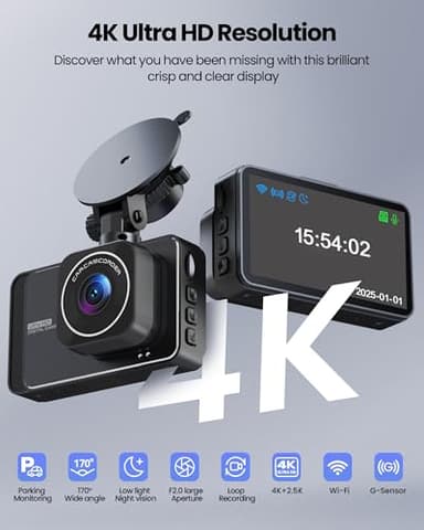 Dash Cam, 4K Ultra HD Front Camera+2K Rear Cameras, 5G WiFi - Fastest Download speeds app, Support iOS Android,WDR Night Vision, Car Camera with 3" IPS Screen 32GB Card,24H Parking Mode - Image 2