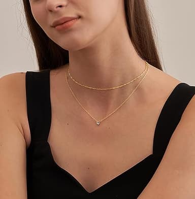 Tewiky Dainty Layered 14K Gold Plated Cubic Zirconia Necklace for Women, Simple Solitaire Pendant Chain Choker Necklaces Set Cute CZ Trendys Gold Jewelry Gift - Image 3