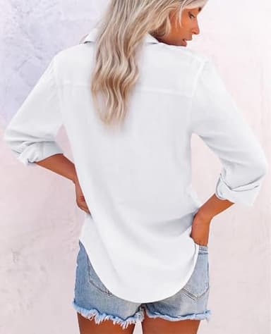 Womens Button Down Shirts Cotton Dress Shirts Oxford Shirts Long Sleeve Work Blouses Collared Tops Tunics with Pocket-All White M - Image 3