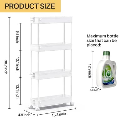SPACEKEEPER Slim Rolling Storage Cart 4 Tier Bathroom Organizer Mobile Shelving Unit Utility Cart Tower Rack for Kitchen Laundry Narrow Places, White - Image 3