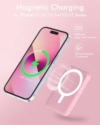 podoru for Magsafe Battery Pack, 5000mAh Magnetic Power Bank with Type-C Cable 20W PD Fast Charging Lighting Input Wireless Portable Charger for iPhone 17/16/15/14/13/12/ All Series-Pink - Image 3
