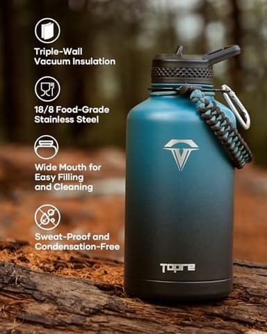 Topre 64 oz Insulated Water Bottle,Half Gallon Water Flask Stainless Steel Vacuum, Cold for 48 Hrs,BPA-Free & Leakproof -with Paracord Handle, Strap,Straw Spout Lids,Large Jug for Gym,Indigo Black - Image 5