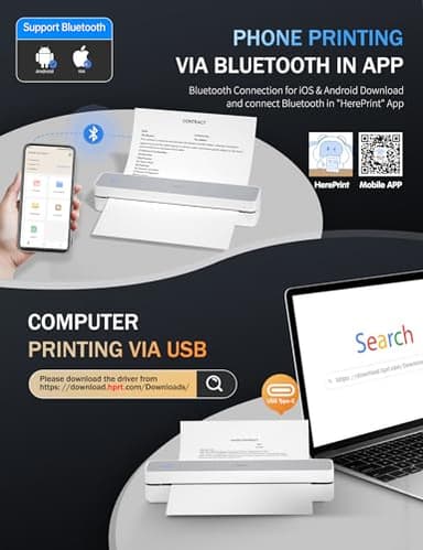 PRT Portable Printer Wireless for Travel, Inkless Bluetooth Small Mobile Thermal Printer, Support 8.5" X 11", A4, Compatible with iOS, Android, Laptop for Home Use, Office & Vehicles, 300 DPI, White - Image 2