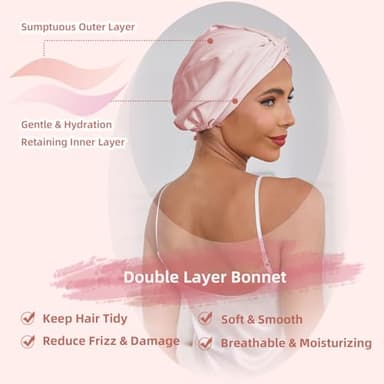 Baqzqudnl Adjustable Silk Satin Hair Bonnet for Sleeping Women, Double Layer, Silk Hair Wrap for Sleeping Women Men, Curly Natural Braid Straight Unisex - Pink - Image 3