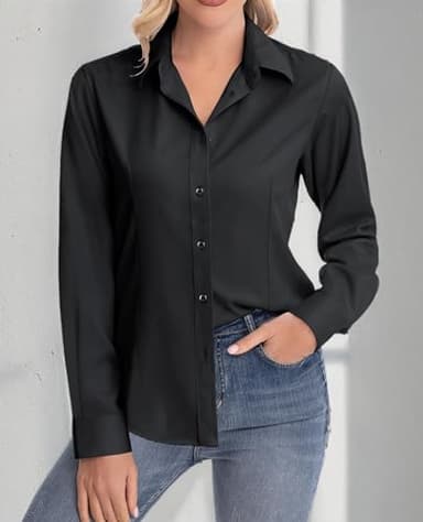 siliteelon Womens Classic-Fit Dress Shirts Long Sleeve Button Down Wrinkle-Free Stretch Solid Casual Work Office Blouse Top Black Small - Image 5