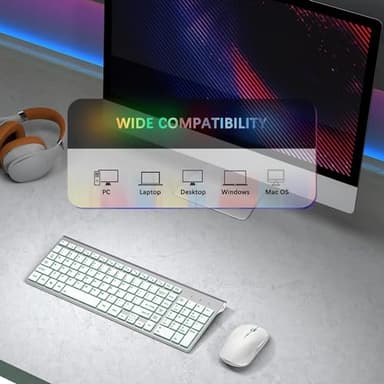 J JOYACCESS Wireless Keyboard and Mouse Combo with 7 Backlit Options,Quiet Light Up Keys,Type-C Rechargeable,Sleep Mode-2.4G Slient Portable Cordless Combo for Laptop/PC/Computer/Mac(White+Sliver) - Image 7