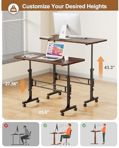 Small Standing Desk Adjustable Height, Mobile Stand Up Desk with Wheels, 32 Inch Portable Rolling Desks for Walking Pad Treadmill Rusitc - Image 3