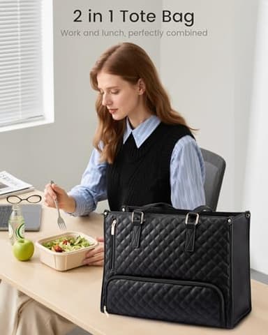 LOVEVOOK Lunch Tote Bag for Women, 15.6 Inch Laptop Bag with Insulated Lunch Compartment, Quilted Large Capacity Computer Handbag with Purse for Business, Work, Nurse, Office, Collage, Casual, Black - Image 6