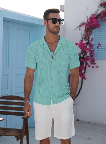 TUREFACE Men's Green Summer Beach Shirts Short Sleeve Button Up Hollow Out Hawaiian Vacation Cuba Shirts - Image 4