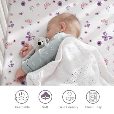 Little Grape Land Pack and Play Sheets Mini Crib Sheets Soft Breathable Pack N Play Sheets, Playard Fitted Sheet 2 Pack Stretchy Fits 38"x26" Playard Mattress, Purple Butterfly - Image 7
