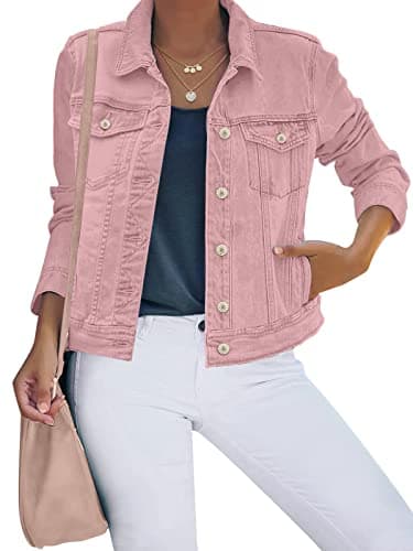 luvamia Women's Classic Casual Long Sleeves Jean Jackets for Women Button Down Trucker Jacket Coat Pink Medium Fits Size 8 / Size 10 - Image 1
