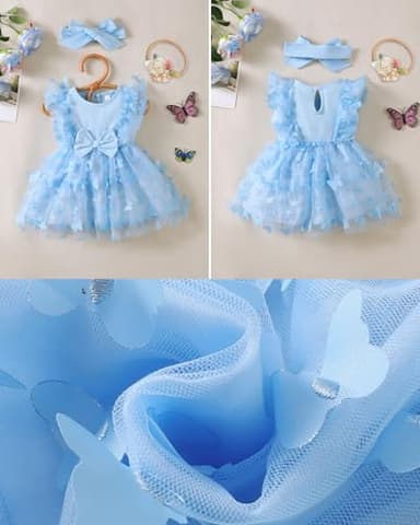 Renotemy Newborn Baby Girl Tulle Tutu Dress Blue Butterfly Sleeveless Boho Fairy Baptism Princess Wedding Birthday Party Dresses for Baby Girls with Flower Headband 0-3 Months - Image 5