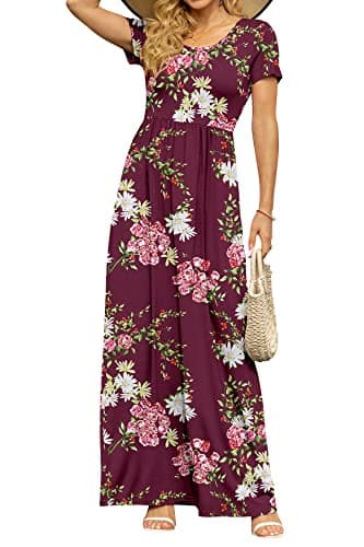 DB MOON Women's Casual Plus Size Maxi Dresses Short Sleeve Empire Waist Long Dress with Pockets(Flower Burgundy, XL) - Image 1