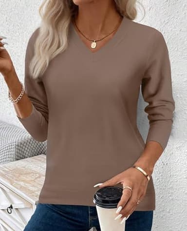 Womens Sweaters Dressy Casual V Neck Fashion Y2k Ladies Sweaters Long Sleeve Shirt Women 2024 Work Office Tops Sweatshirts Lightweight Thin Top Khaki M - Image 2
