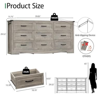 Dresser for Bedroom with 9 Drawers, 59" Wide Wood Chest of Drawers with Deep Drawers & Mental Handle, Modern Dresser TV Stand, Wooden Closet Storage Organizer for Living Room, Hallway, Entryway, Grey - Image 2