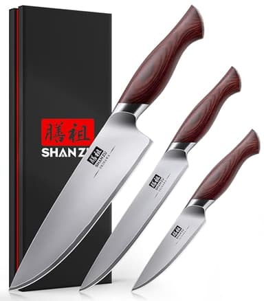 SHAN ZU Japanese Knife Set 3 PCs, High Carbon 10Cr15Mov Stainless Steel Chef Knife Set, Ultra-Sharp Professional Kitchen Knives Set with Ergonomic Pakkawood Handle and Elegant Gift Box - Image 1
