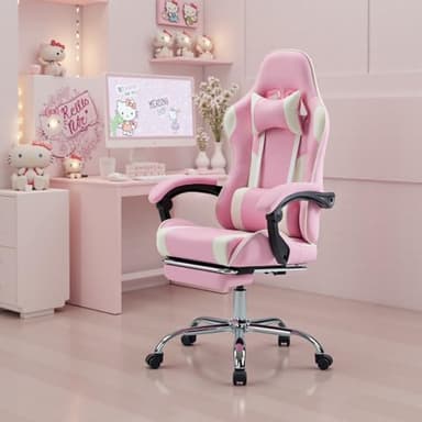 DUMOS Ergonomic Gaming Office Desk Chair with Footrest and Headrest for Adults, PU Leather Video Computer Chair with Linkage Armrests, Height Adjustable 360° Swivel Recling Chair, White Pink - Image 2