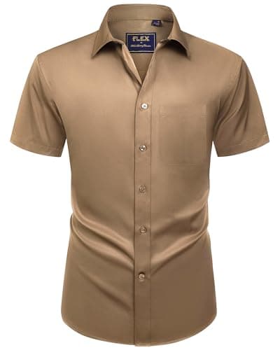 Alimens & Gentle Mens Short Sleeve Dress Shirts Wrinkle Free Solid Casual Button Down Shirts with Pocket, Dark Khaki, 3X-Large - Image 1